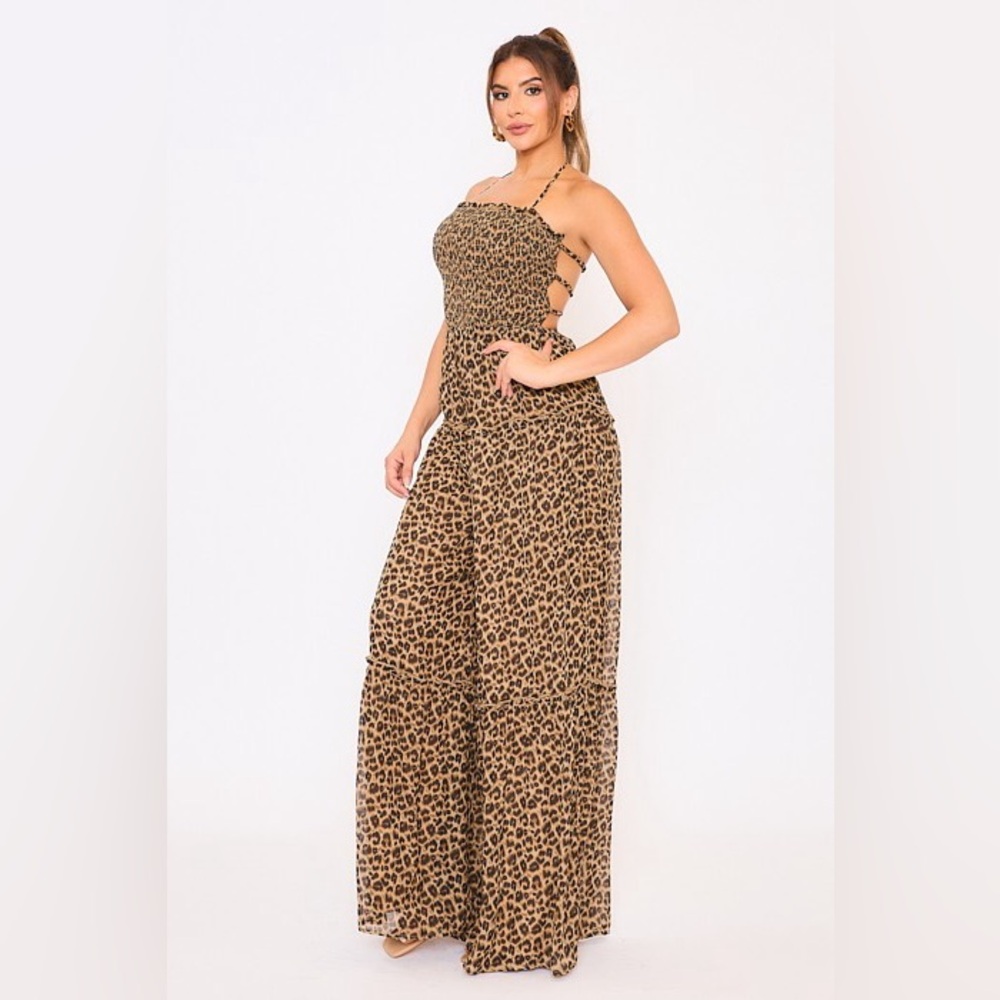 545. New Leopard Smoking String Back Ruffled Jumpsuit - Picture 4 of 5